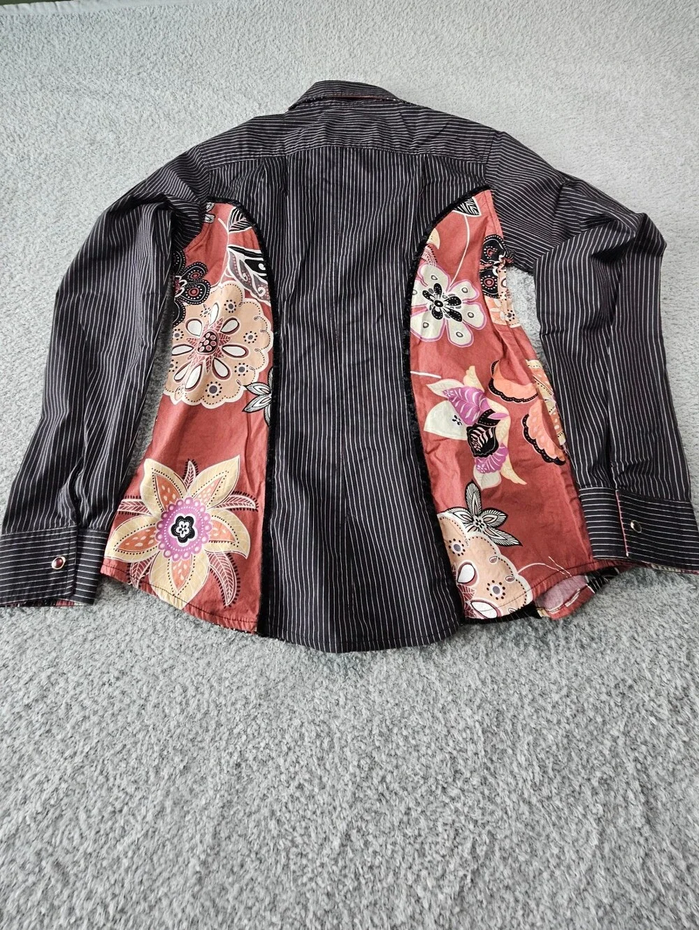 Baxis & Baxis Black Pinstripe Ruffle Blouse with Rose Floral Panels